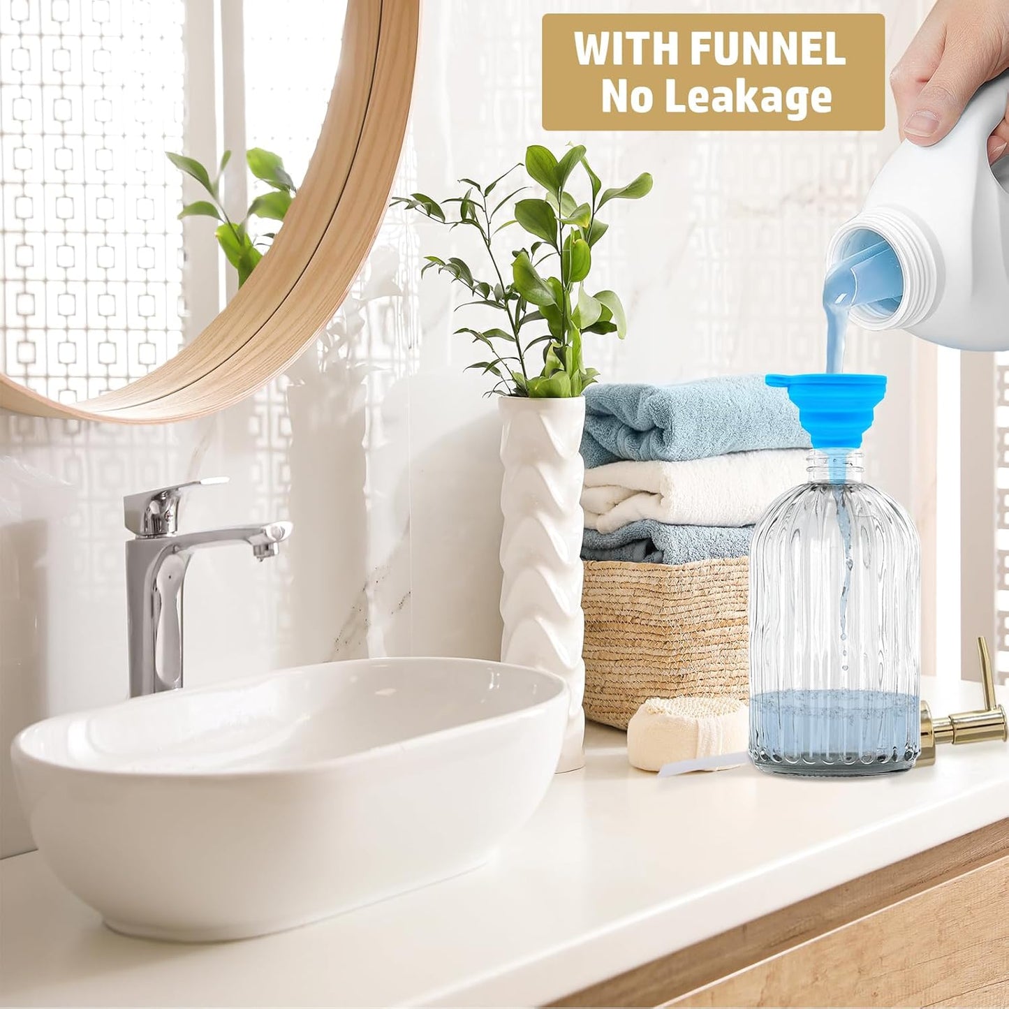 14Oz Gold Pump Glass Soap Dispenser, Clear Stripe Countertop Refillable Liquid Bottle Hand Dish Lotion Dispenser with Plastic Pump, for Kitchen, Bathroom