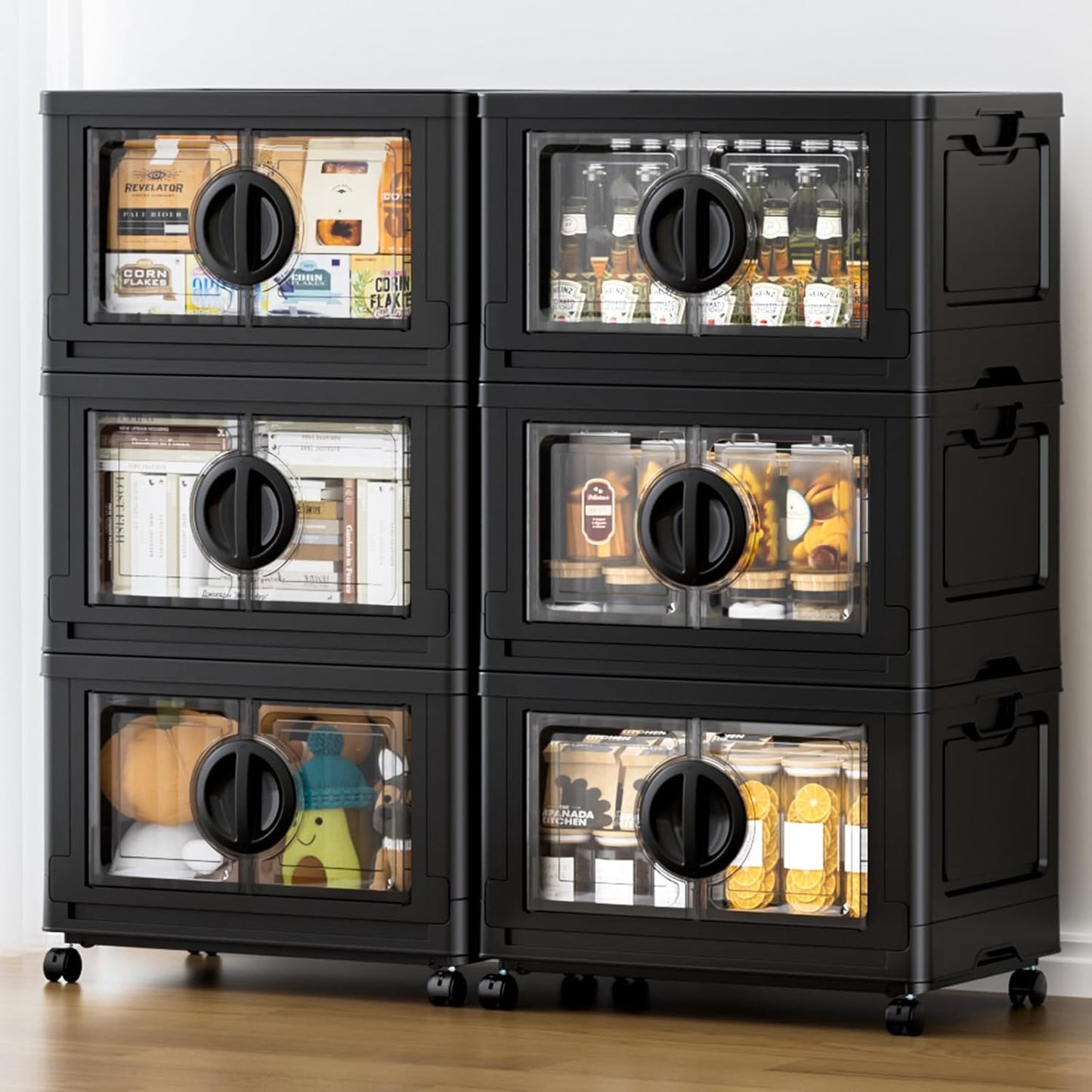 JEKO&JEKO 498Qt Lockable Stackable Storage Bins with Lids, Collapsible Closet Organizer with Wheels, Plastic Cabinet Drawer for Clothes, Dorm Room 6 Pack (Black)