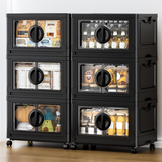 JEKO&JEKO 498Qt Lockable Stackable Storage Bins with Lids, Collapsible Closet Organizer with Wheels, Plastic Cabinet Drawer for Clothes, Dorm Room 6 Pack (Black)