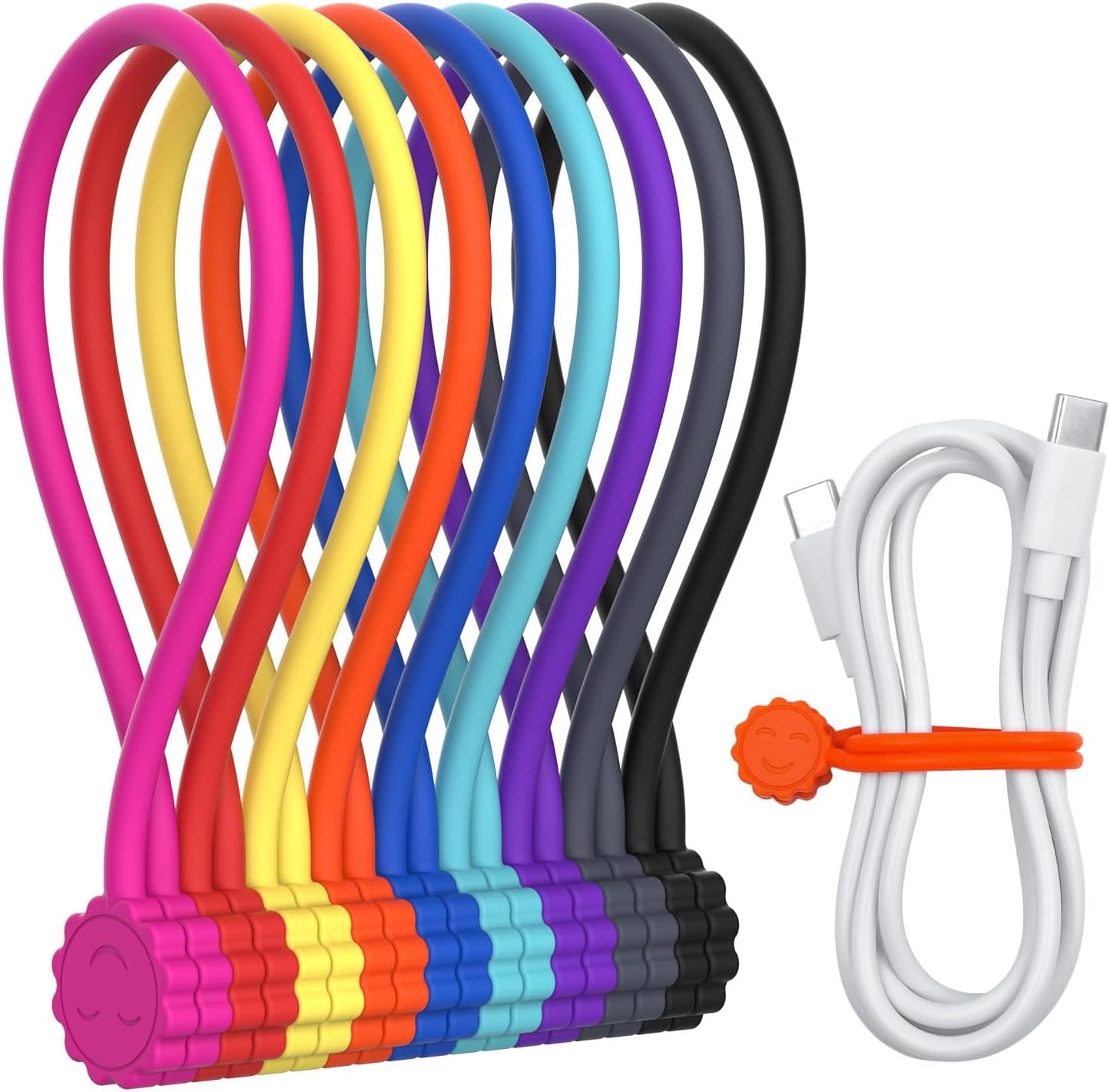 Rich&Ray Magnetic Reusable Silicone Cable Ties, Phone Cord Holder, Magnetic Cable Ties for Headphone Cables, Charging Cable Organizer, Book Markers, Hanging Stuff - 7.48'' (9Color - 9pack)