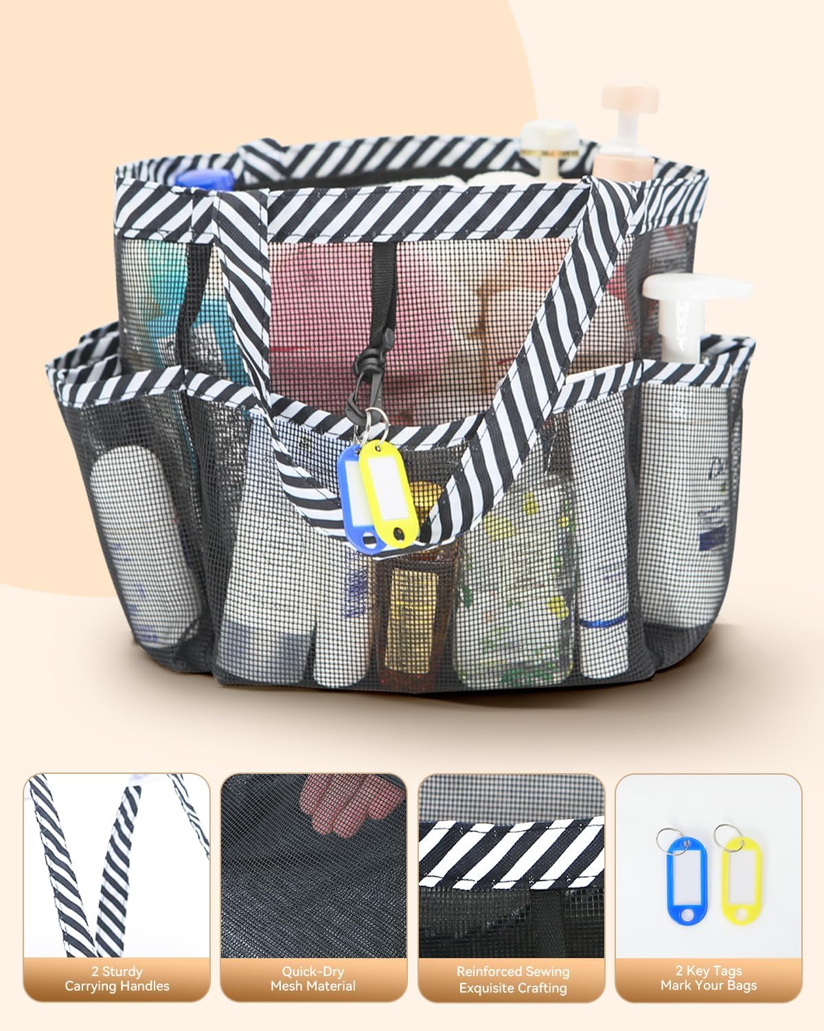 Temede Mesh Shower Caddy Tote, Large Shower Caddy Basket Portable, Quick Dry Hanging Toiletry Bag, 8 Storage Pocket Handle Bath Organizer for College Dorm, Gym, Camp, Travel