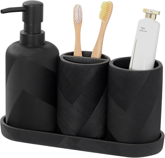 Bathroom Accessories Set, Bathroom Organizer Countertop, Soap Dispenser and Toothbrush Holder, Mouthwash Cup, Tray Set, Vanity Tray for Bathroom, 4 Pieces Modern Decor (Matte Black)
