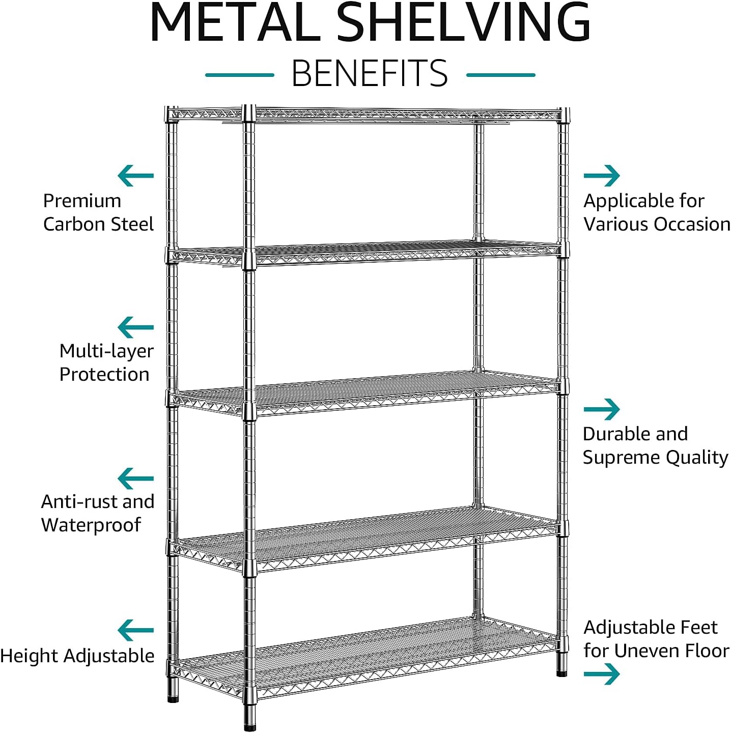 IZEUK 4250 LBS Garage Shelving Wide Storage Shelves 5 Tier Metal Shelves Heavy Duty Adjustable Utility Shelf Rack Chrome 17.7" D x 59.1" W x 70.4" H