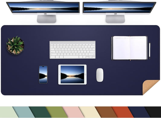 Leather Desk pad Protector, Large Desk mat with Natural Cork & PU Leather,Mouse pad,Non-Slip Office Desk Mat,Waterproof Desk Writing Pad for Office and Home (47in*17in, Blue)