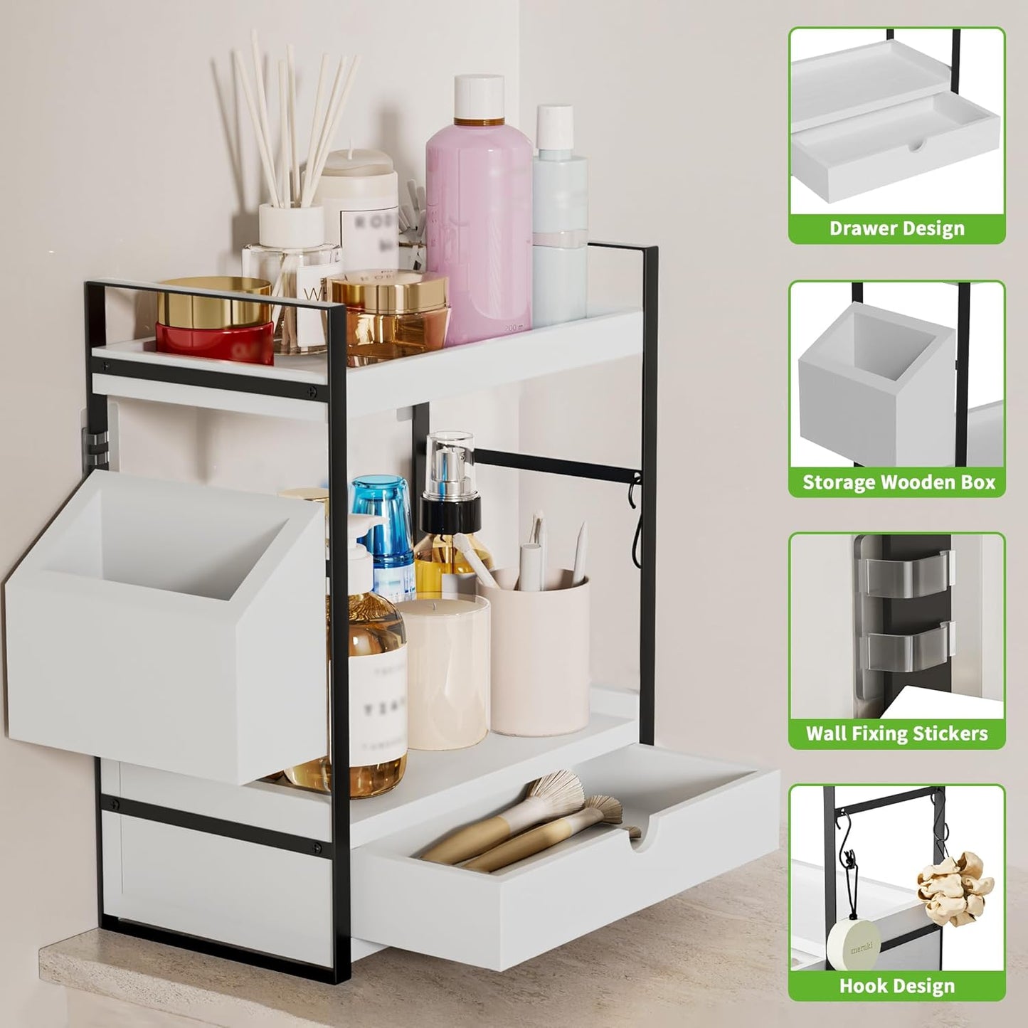 2-Tier Bathroom Counter Organizer with Drawer and Basket, Wood Countertop Organizer for Storage, Skincare Organizers for Vanity, Counter Shelf for Bathroom Organization,White