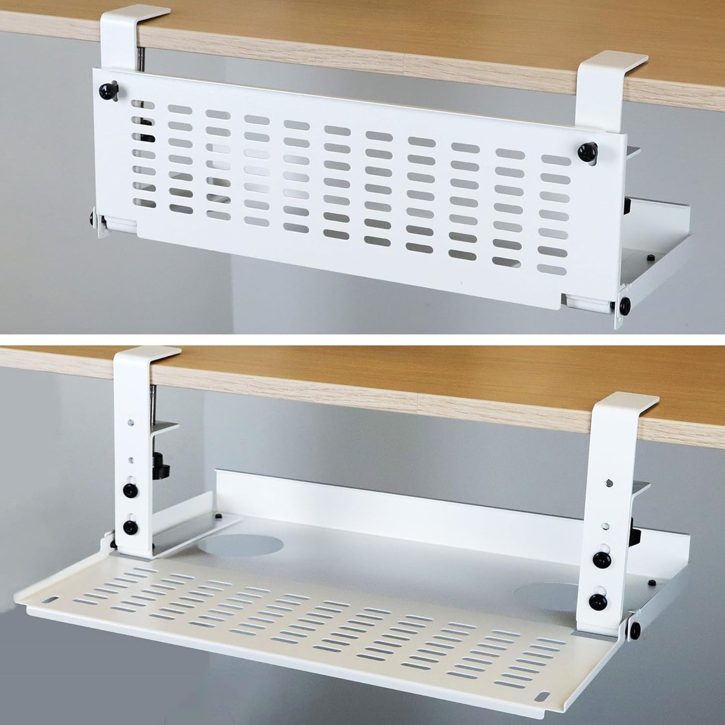 AEONS Universal Under Desk Cable Management Tray-Clamp Mount Hinged Swing Modesty Panel Organizer for Office Desks Easy Access Flip-Down position Power Strip Cord Storage No-Drill 25 lb Capacity White
