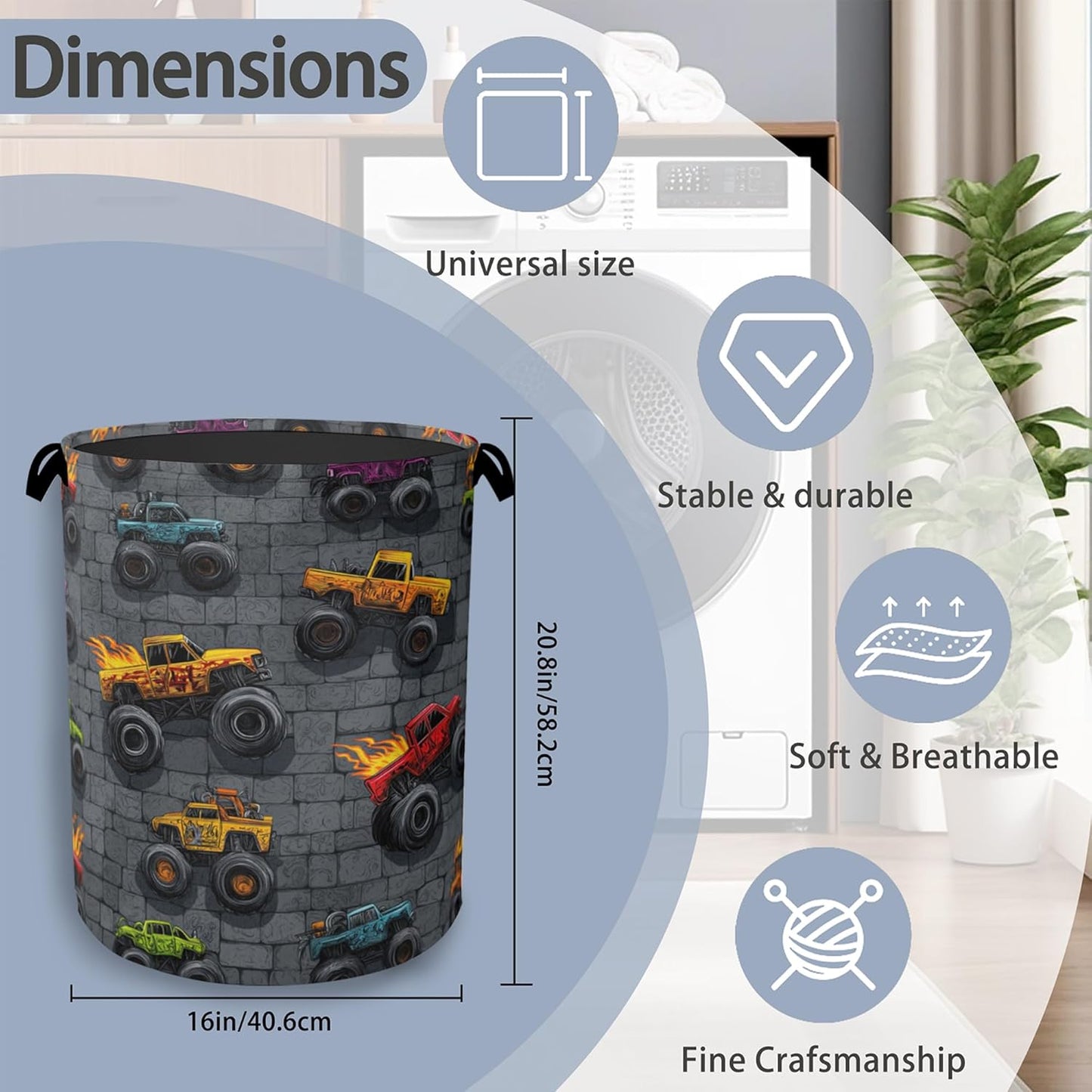 Funny Cars Laundry Basket,Foldable Oxford Cloth Tote Bag Laundry Hamper Clothes Storage Bucket Organizer for Bedroom Laundry Storage Dormitories 16" x 20.8"