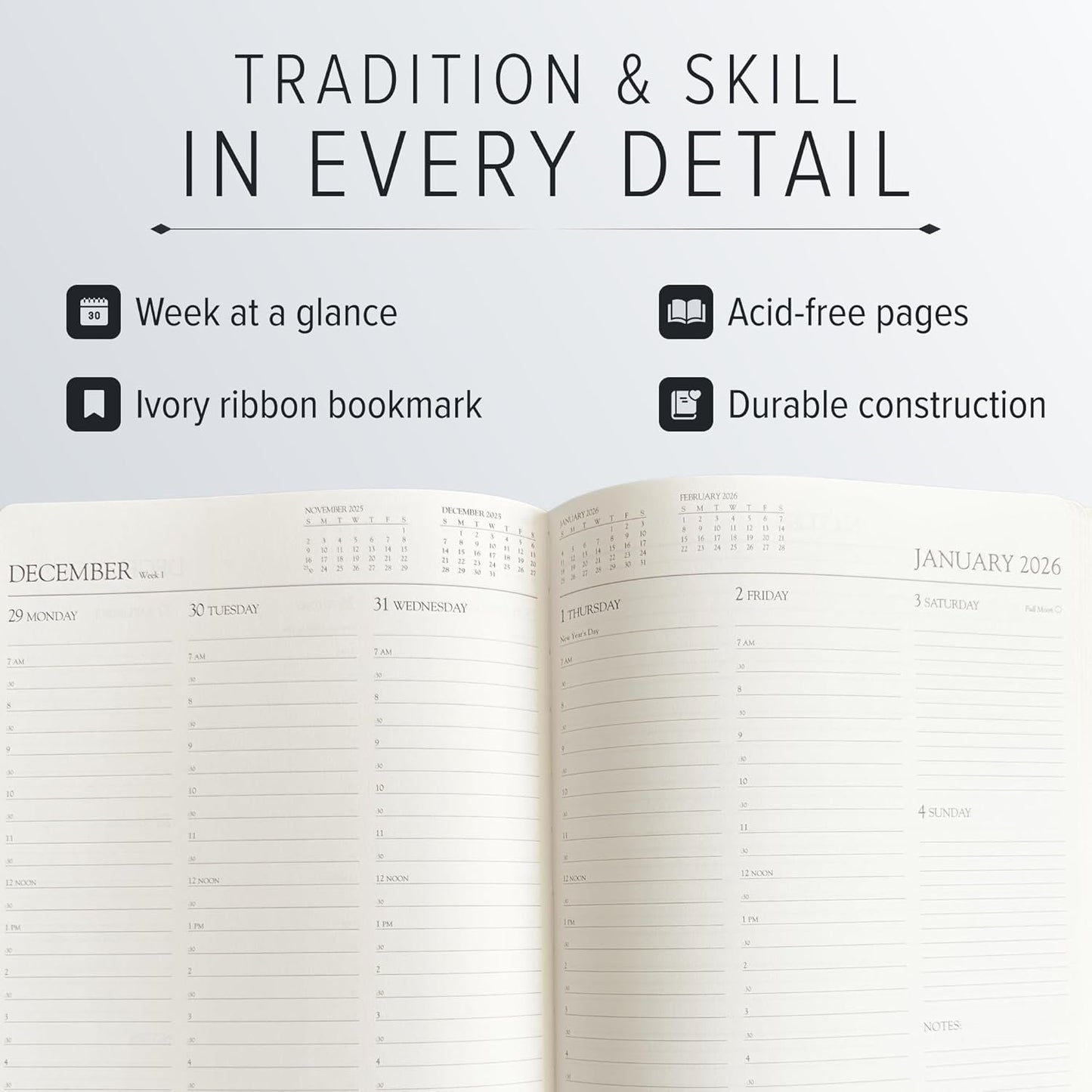 Gallery Leather Professional Weekly Monthly Planner 2026, Elegantly Bound Calendar Planner and Notebook with Stylish Gold-Gilded Page Edges, 12 Months - Acadia Hope - 9 x 7 "