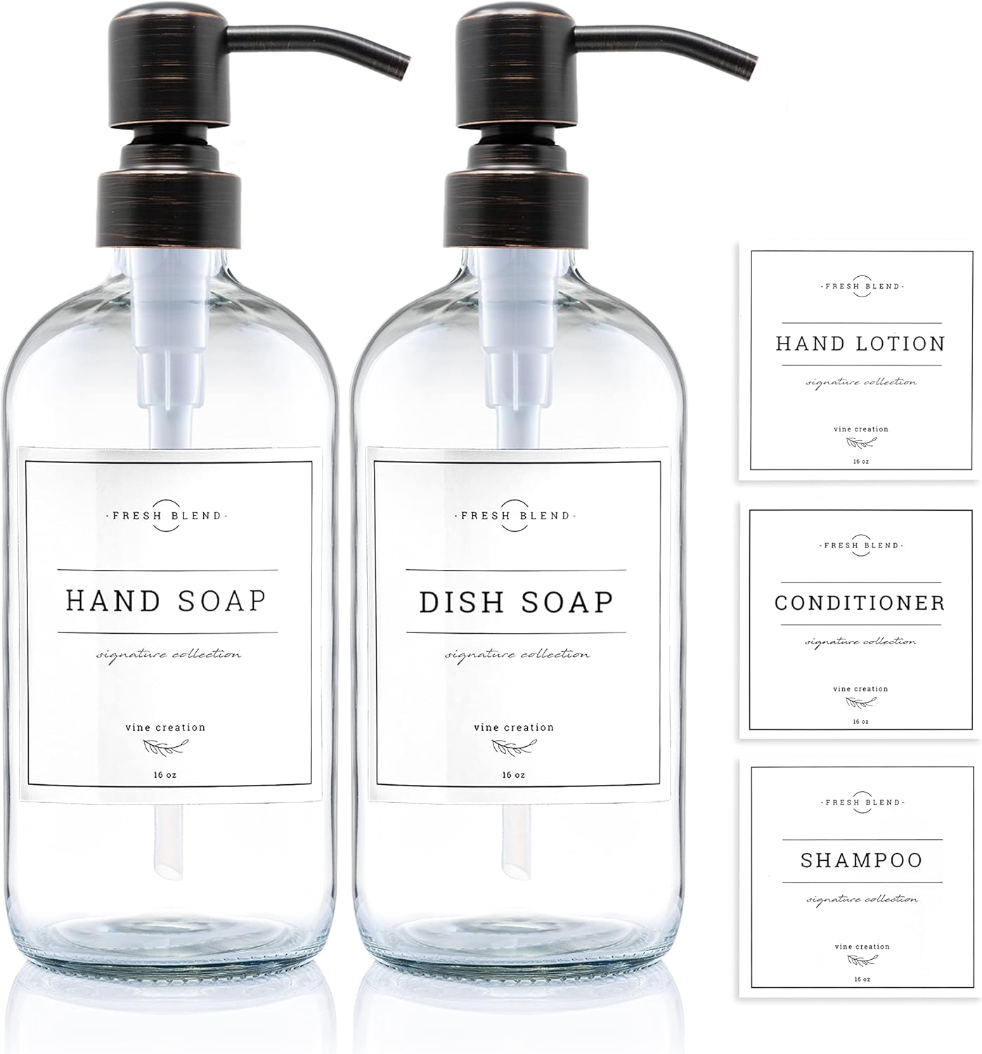 Vine Creations Clear Glass Soap Dispenser, 2 Pack Kitchen Soap Dispenser Set with Stainless Steel Pump, 16 oz Dish Soap and Hand Soap Dispensers for Bathroom with Waterproof Labels