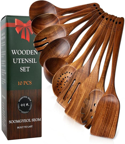 100% Natural Teak Wood Wooden Utensil Set – 10 Pcs Durable Kitchen Spoons for Cooking – Non-Stick & Heat Resistant, Eco-Friendly & Comfortable Grip