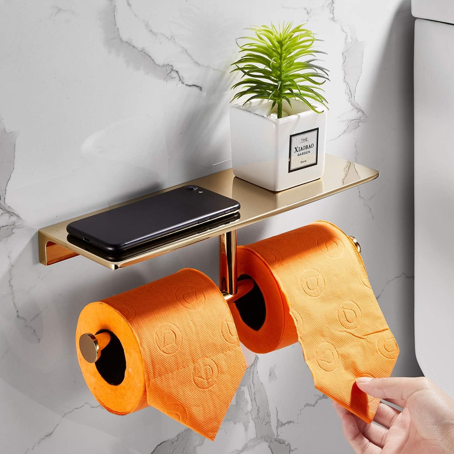 Double Roll Toilet Paper Holder with Shelf Solid Brass and Superior Hotel Style Tissue Dispenser Spared Storage Polished Gold Finish