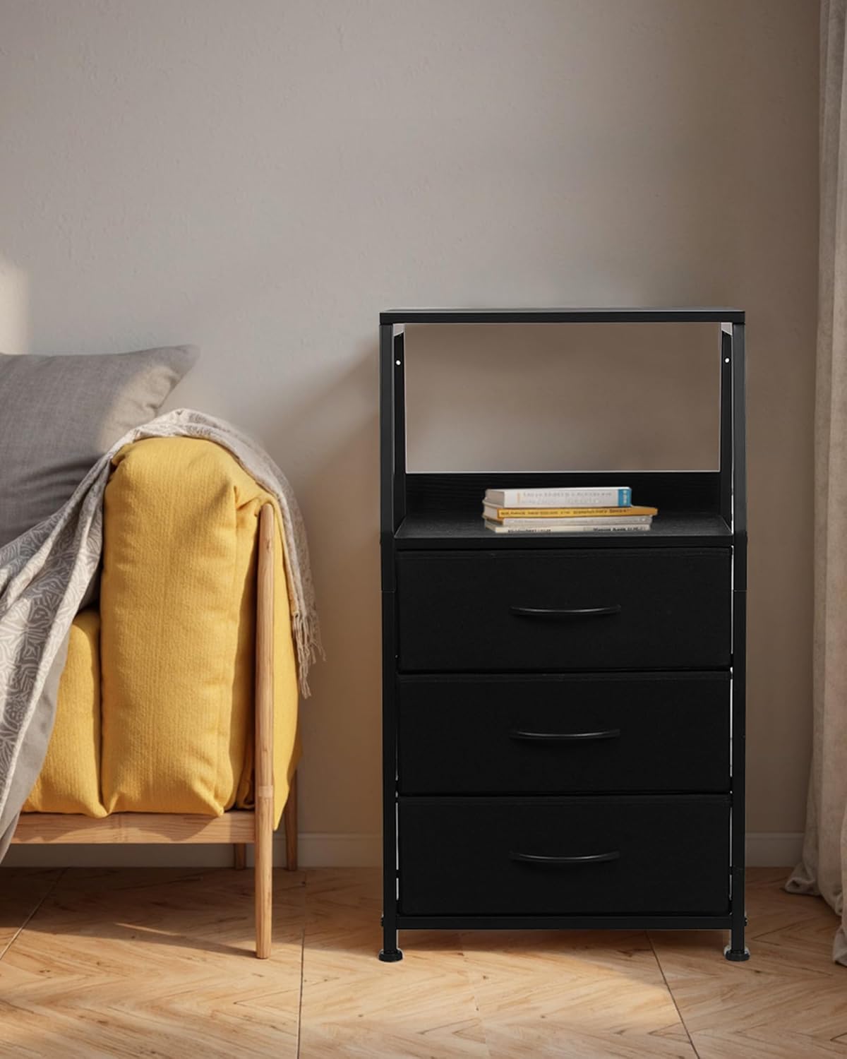 Dresser for Bedroom, Fabric Nightstand Tall Dresser & Chests of Drawers with 3 Drawers, Vertical Organizer Storage Tower Unit for Bedroom, Hallway, Entryway Black