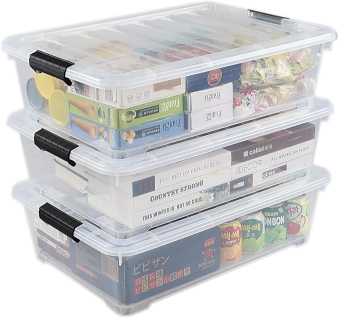 Zopnny 25 Quart Plastic Under Bed Storage Organizer Bin Container with Secure Lids and Durable Buckles, Clear, 3 Pack