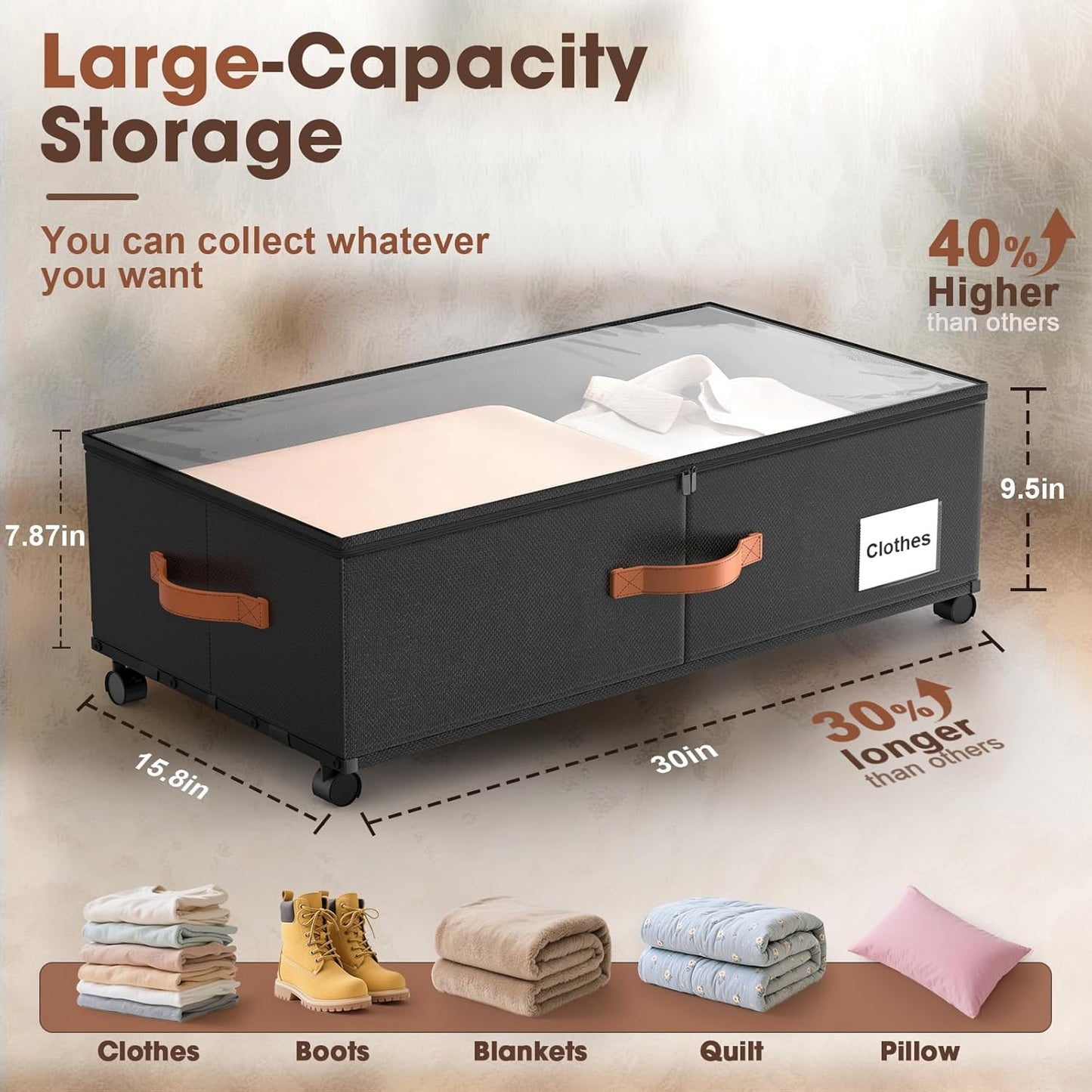 Under Bed Storage Containers with Wheels, 9.5 inches Higher Underbed Shoes Blankets Clothes Toy Storage Drawers for College Dorms Bedrooms Nursery Rooms Organization, 2 Pack to be Assembled