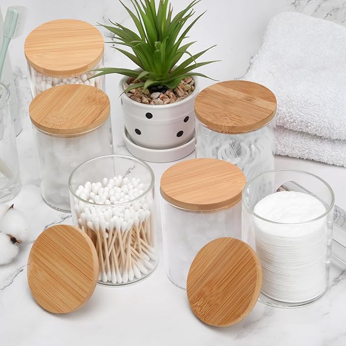 6 Pack Glass Qtip Holder Dispenser Set - Apothecary Jars with Lids for Vanity Makeup Organizer - Bathroom Canister Storage Organizer