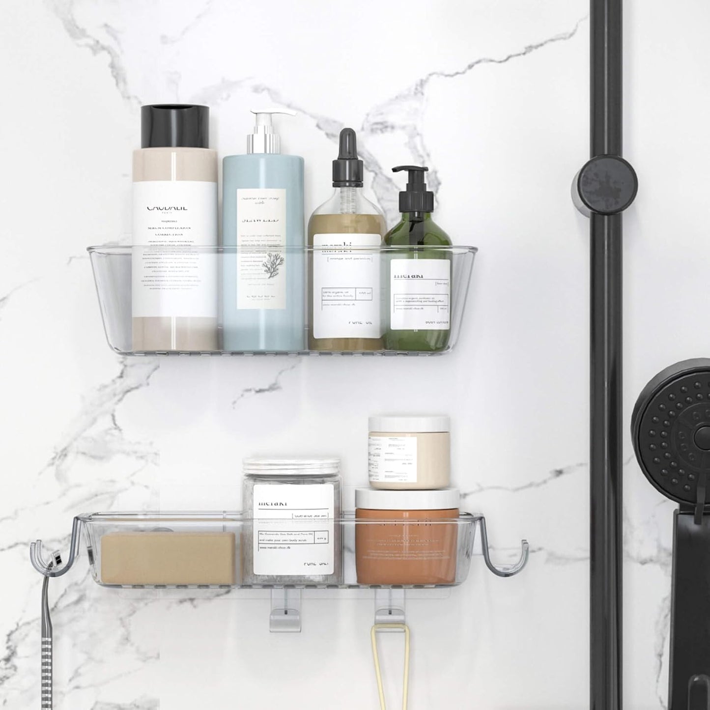 TZAMLI Clear Shower Caddy, Adhesive Shower Organizer Rustproof Shelf with Razor Holder and Hook, Wall Mounted Shelves Rack for Bathroom Kitchen Storage, 2 Pack