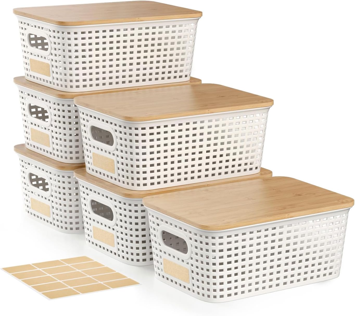 Small Plastic Storage Bins with Bamboo Lid - Plastic Storage Container with Lid - Stackable storage baskets for organizing: Storage box for Drawers Office Closet Shelf Organizing,10x7x4 In-White-6 Pcs