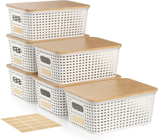 Small Plastic Storage Bins with Bamboo Lid - Plastic Storage Container with Lid - Stackable storage baskets for organizing: Storage box for Drawers Office Closet Shelf Organizing,10x7x4 In-White-6 Pcs