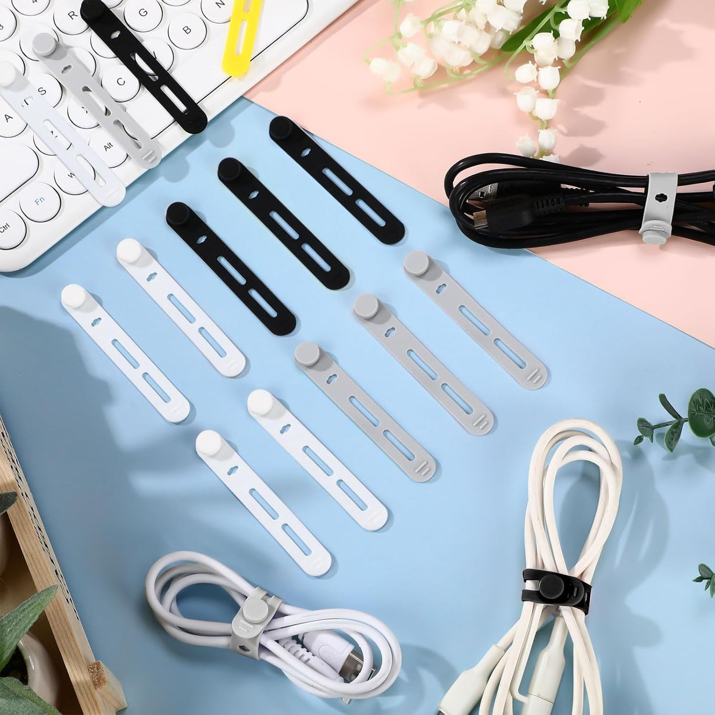 42 Pcs Silicone Cable Ties Reusable Cord Straps Multipurpose Elastic Cable Organizer for Bundling Fastening Earphone Phone Charger Home Office School (Black, White, Gray,3.15 Inch)
