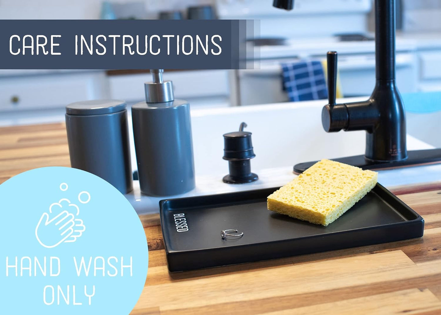 NAT & Jules Blessed 10 x 6 inch Ceramic Stoneware Vanity Tray - Perfect Bathroom or Kitchen Counter Organization Décor: Sponge Holder, Soap Dish, Jewelry and Perfume Tray, Blessed Black