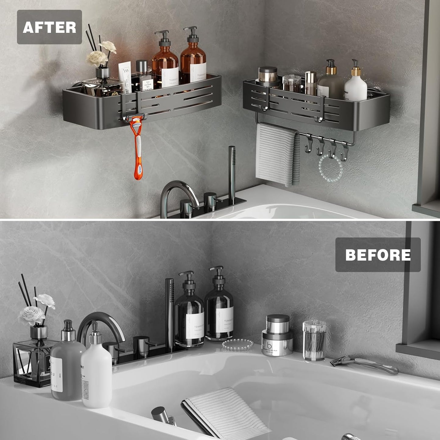 Voldra Shower Caddy Suction Cup, 2 Pack Shower Shelves for Inside Shower No Drilling, Aluminum Suction Showers Organizer with Towel Bar & Hooks Removable Bathroom Shelf Storage Rack(Gray)