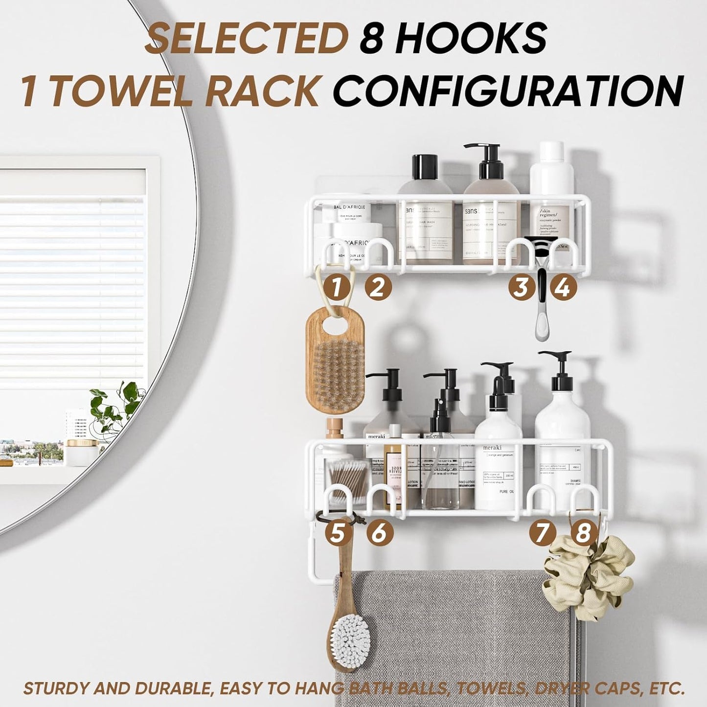 Adhesive Shower Caddy, Shower Shelves with Rustproof Coated, Wall Mounted Bathroom Organizer, Sleek Bathroom Organizers and Storage, No-Drilling (White, 2 Pack)