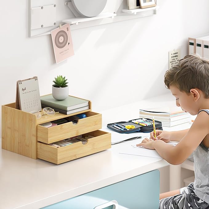 Wisuce Desk Organizer with Drawers - Bamboo Desktop Organizer Storage-Natural Wood Desk Drawers Organizer for Bills, Office Supplies, Cosmetics, Seals No Assembly Required(2 drawers with Shelf)