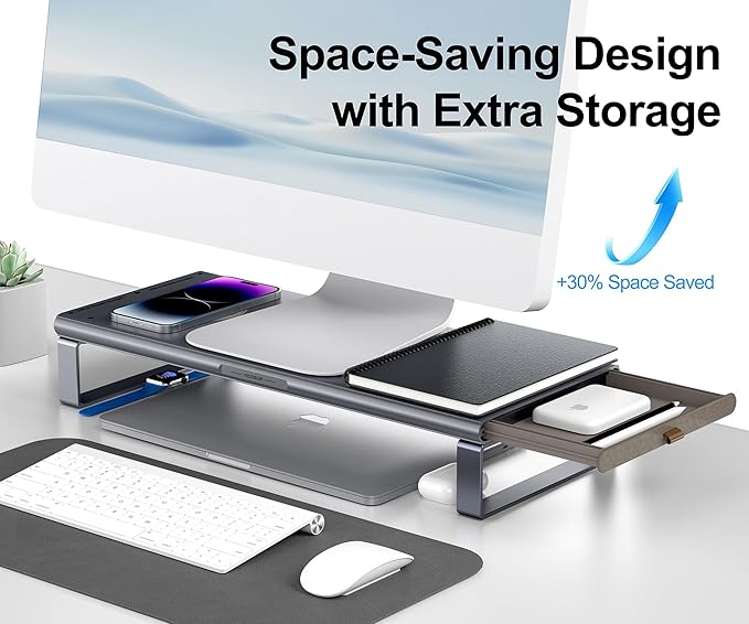Monitor Stand HUB - Aluminum Riser with 6-in-1 Docking Station: 4K HDMI, USB-C, USB 3.0, PD 100W, Wireless Charging, Drawer Organizer - Gray