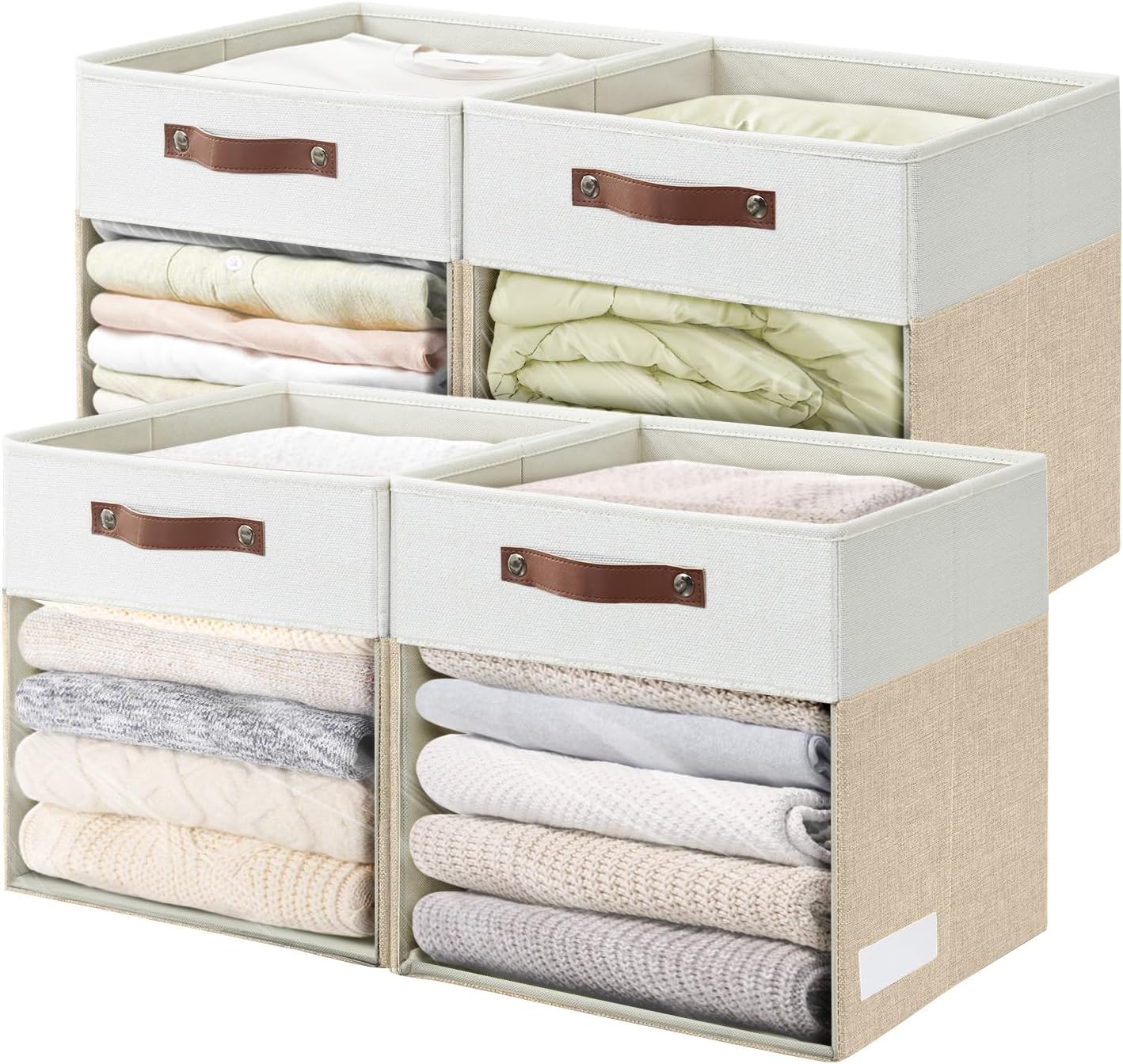 Storage Cubes, 4 Pack Linen Foldable Storage Bins (13 x 13 inch) with Clear Window and Handles, Fabric Organizer for Shelf Closet, Clothes, Books - (Beige and White)