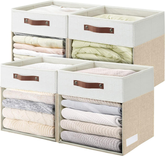 Storage Cubes, 4 Pack Linen Foldable Storage Bins (13 x 13 inch) with Clear Window and Handles, Fabric Organizer for Shelf Closet, Clothes, Books - (Beige and White)
