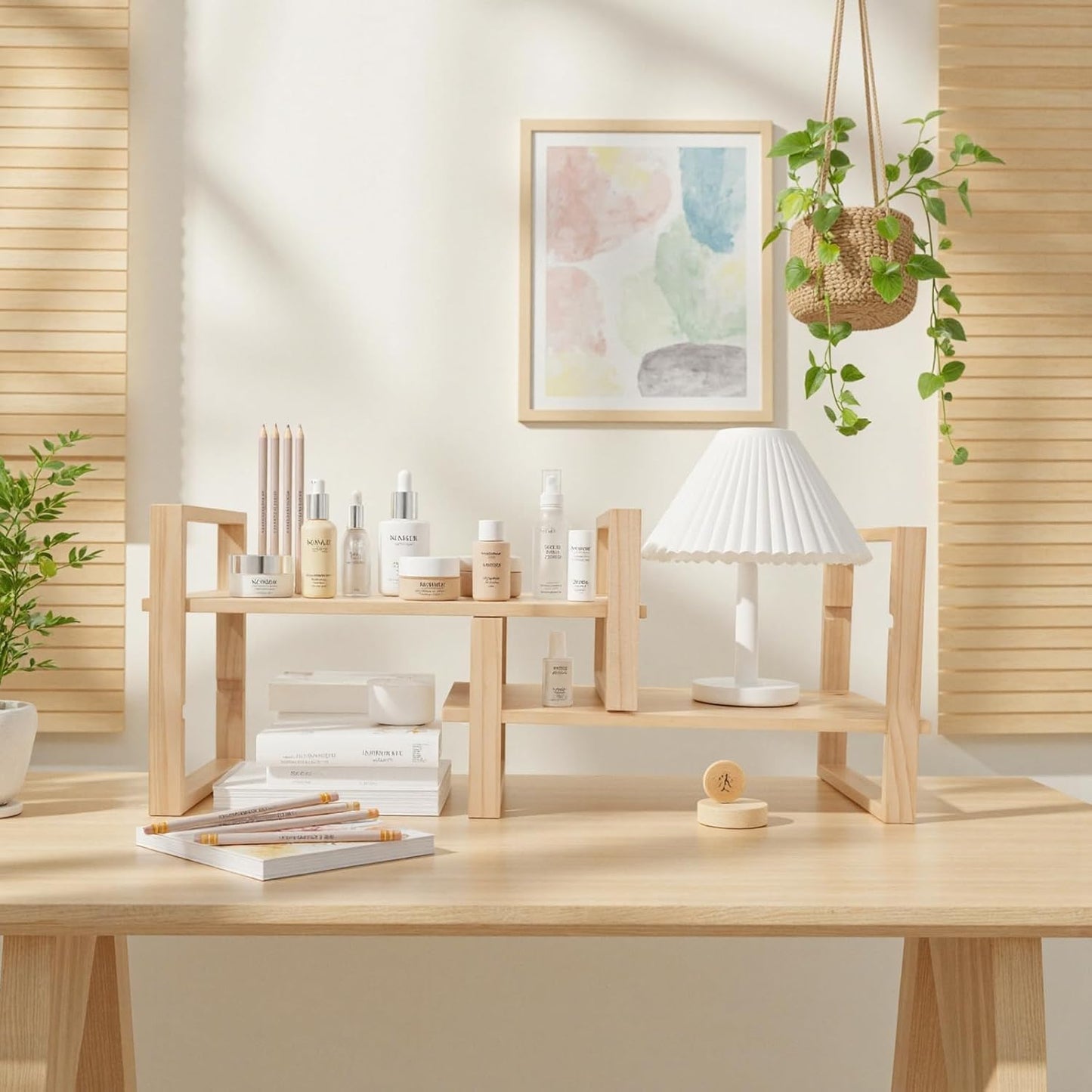 Desk Shelves Desktop Organizer Shelf - No Assembly Needed Holds 130lbs for Desk Organizers and Accessories Corner Bookshelf Table Top Shelving in Office, Books, Bathroom Storage-Pine Nature Wood Color