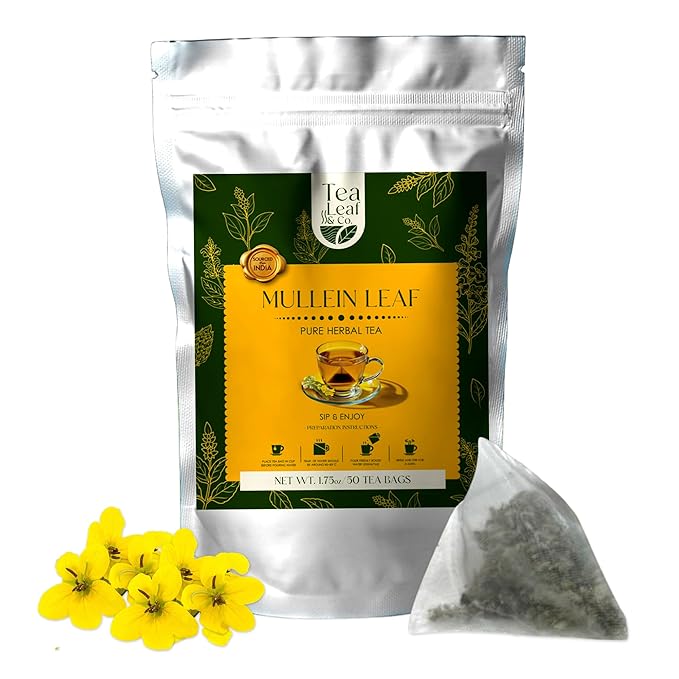Tealeaf & Co. Mullein Leaf Tea Blended with Fresh Herbs - Pure Herbal Tea Bags with Mullein Leaf Extract - Flavored Herbal Blend - Low Caffeine - Gluten Free - 50 Teabags