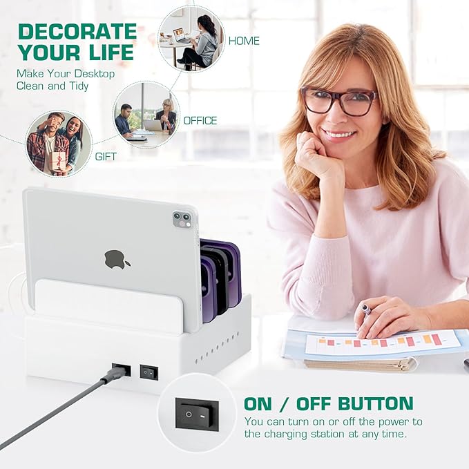 Bamboo Charging Station for Multiple Devices - Darfoo Family Charging Station with 7 USB Ports and 1 Stand for Watch-Earbud, 7 Short Charging Cables, White