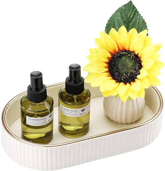 GORESE Oval Vanity Tray Perfume Organizer, PU Leather Valet Jewelry Trays Nightstand Organizer Key Bowl Trinket Dish for Entryway Dresser Bedside, Catchall Trays for Men Women, 11×5.9 in, Cream White