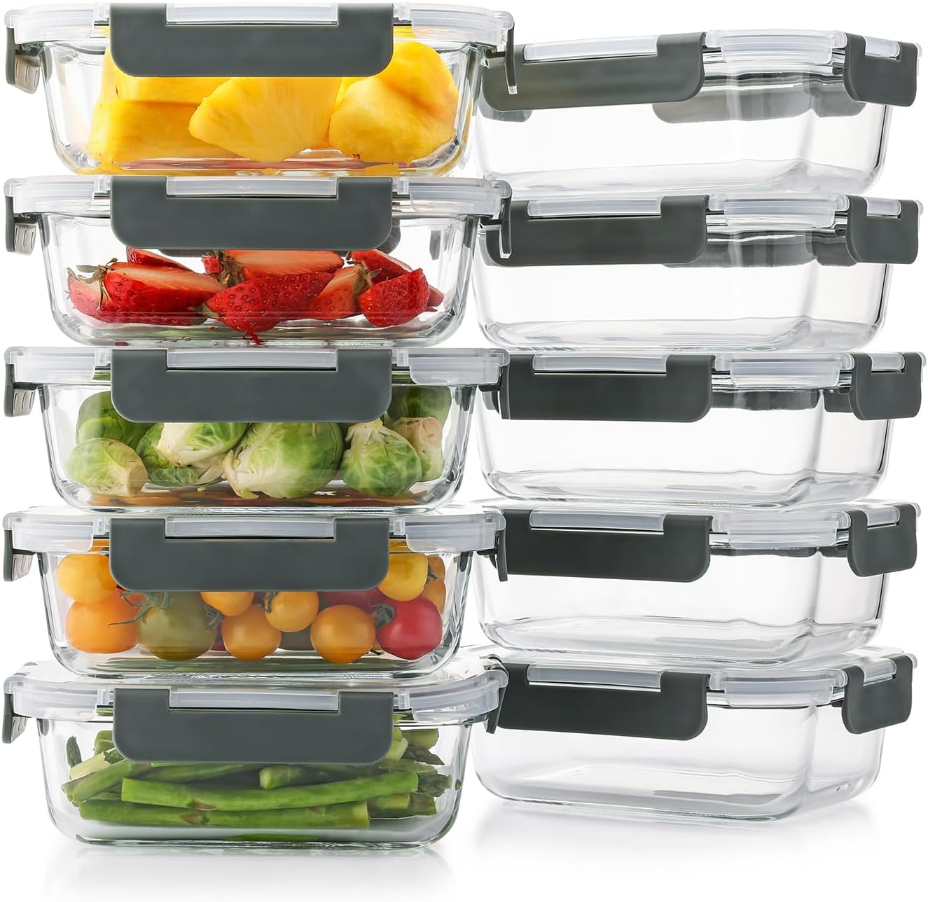 10 Pack 22 Oz Glass Meal Prep Containers with Lids, Reusable Glass Food Storage Containers with Lids, Leak Proof, Microwave, Oven, Freezer and Dishwasher Safe (Gray)