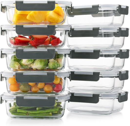 10 Pack 22 Oz Glass Meal Prep Containers with Lids, Reusable Glass Food Storage Containers with Lids, Leak Proof, Microwave, Oven, Freezer and Dishwasher Safe (Gray)