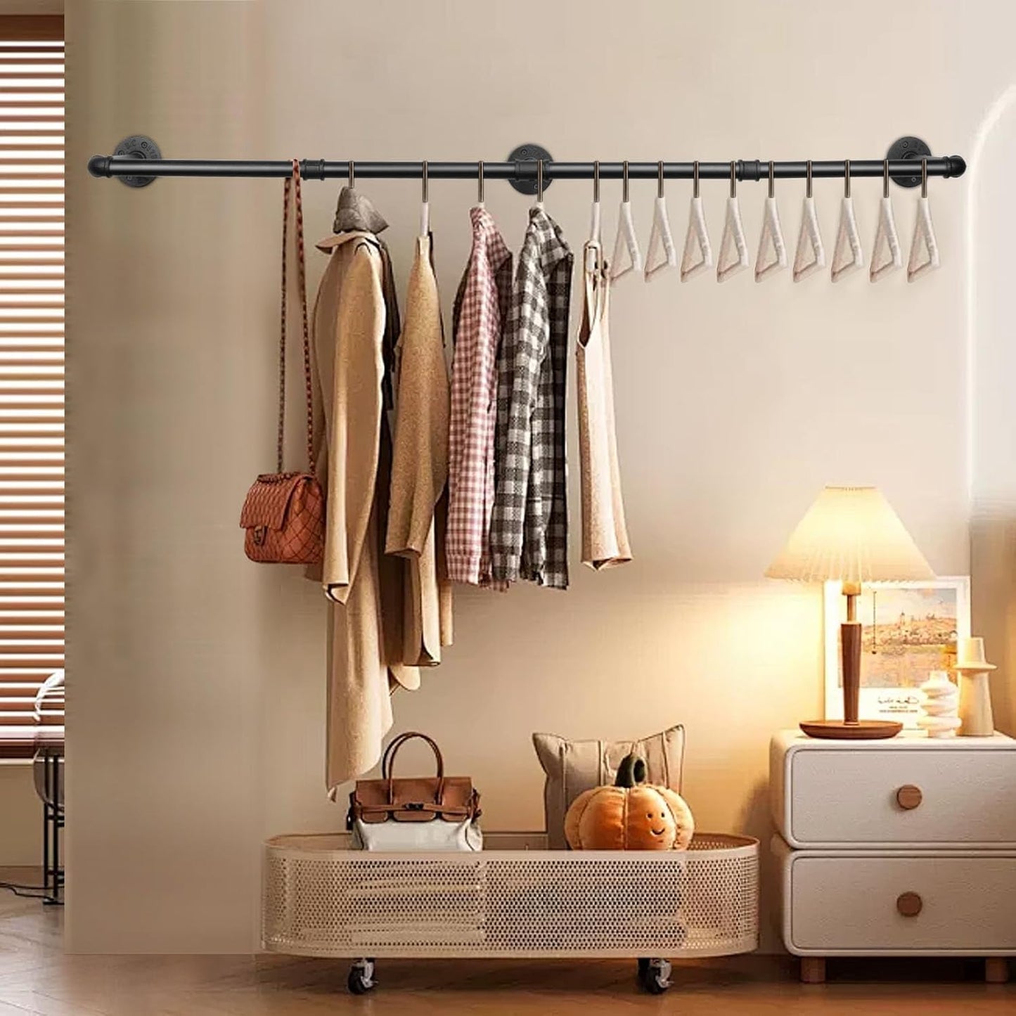 Industrial Iron Pipe Clothes Hanging Bar DIY Wall-Mounted Garment Rack Heavy Duty Clothing Rack for Bedroom, Laundry Room, Closet Storage (60 inch)