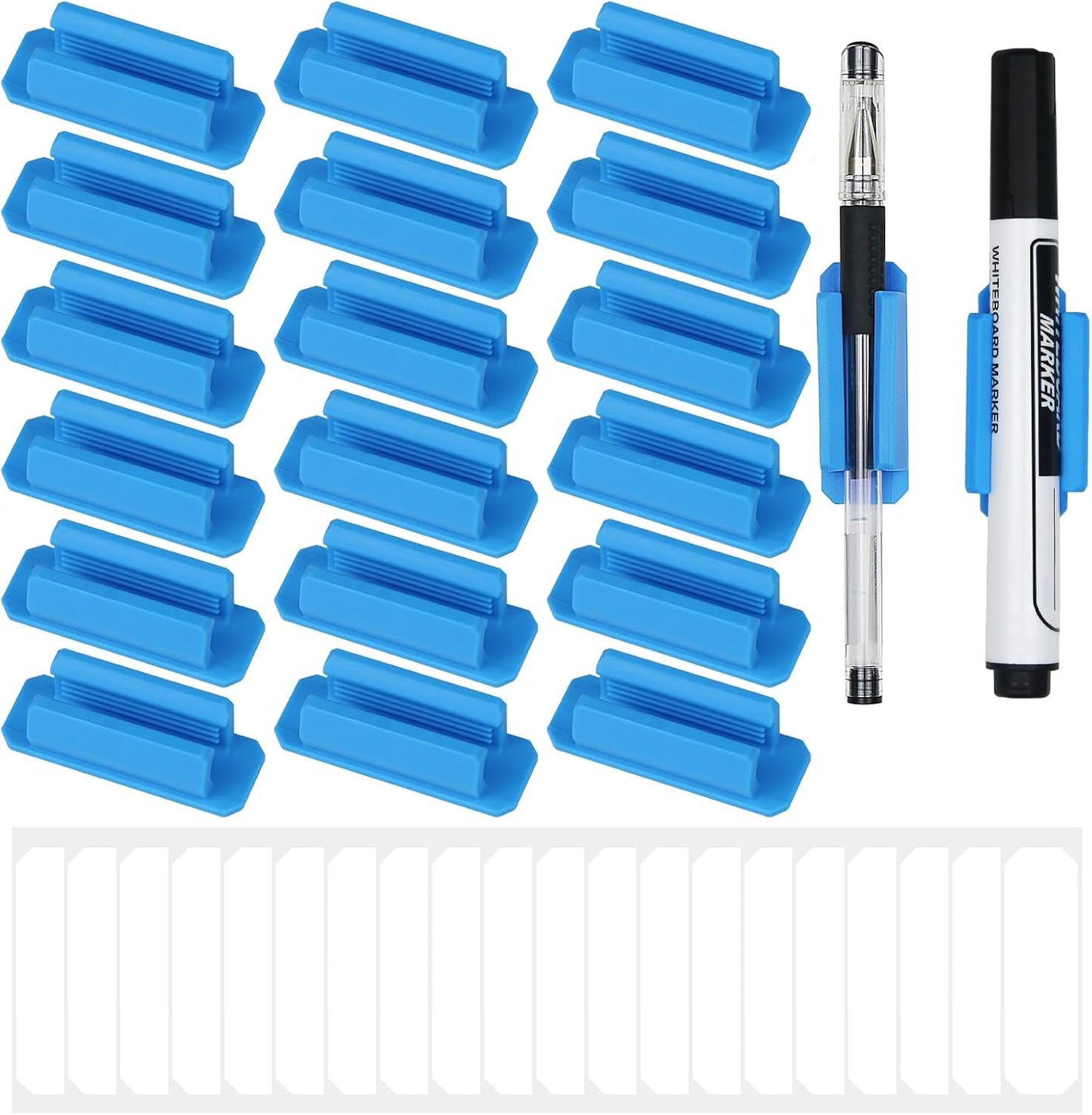 Pencil Holder for Desk Set of 20, Adhesive Pen Holder with 20 Extra Upgraded Stickers, Silicone Pen Holders & Marker Clip for Walls, Clipboards, Classroom, Office, Teacher Accessories Supplies (Blue)
