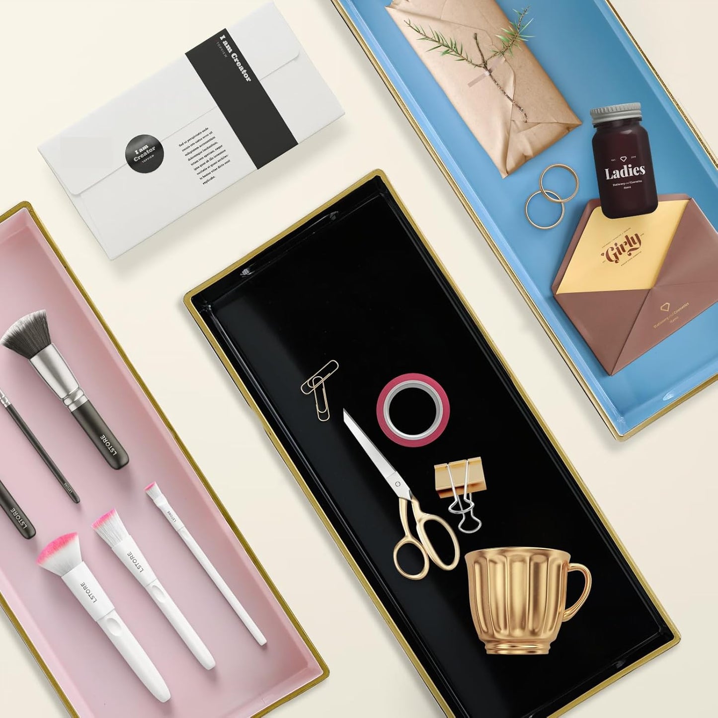 Pink Vanity Tray with Handles, Decorative Tray Desktop Storage Organizer for Bathroom, Living Room, 5.9"*13.7"