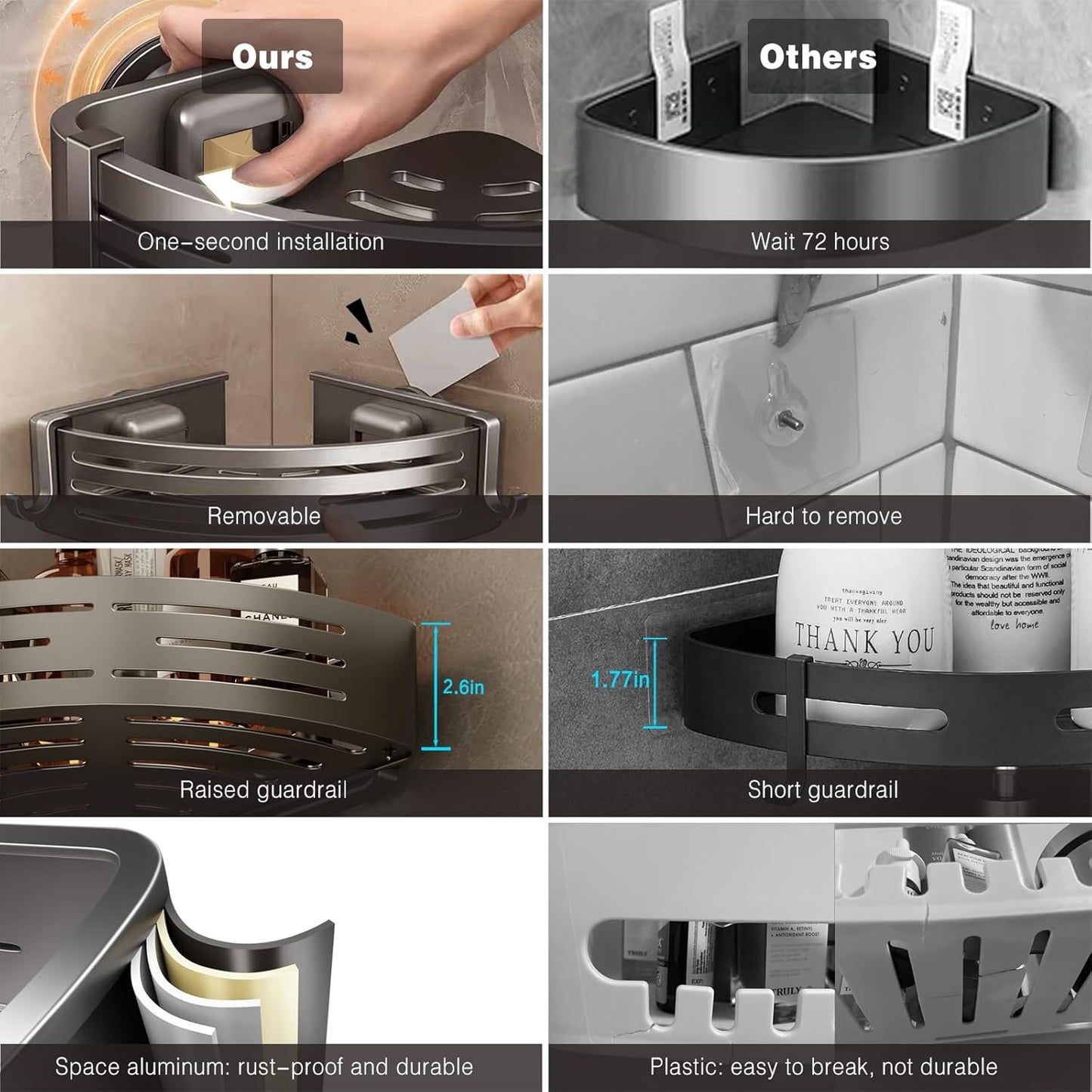 Voldra Shower Caddy Suction Cup, 2 Pack Shower Shelves for Inside Shower No Drilling, Aluminum Suction Showers Organizer with Towel Bar & Hooks Removable Bathroom Shelf Storage Rack(Gray)