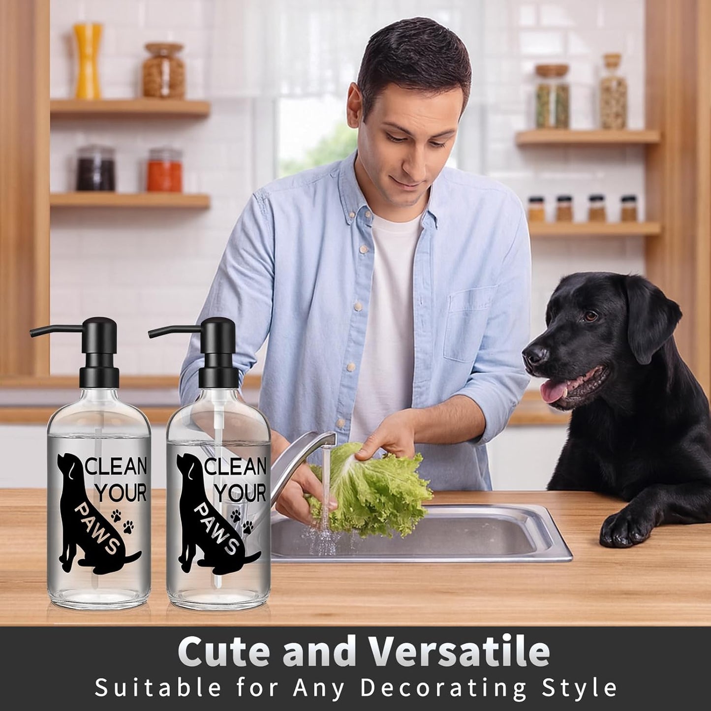 Black Dog Soap Dispenser 17 oz Clear Glass Hand Soap Bottle with 304 Stainless Steel Pump for Bathroom or Kitchen Countertop Dog Lover Gift Idea