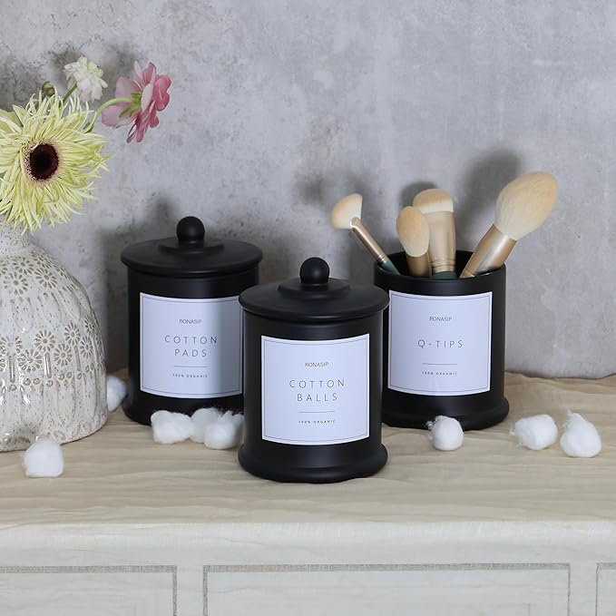 3 Pack Qtip Holder Dispenser, 16oz Bathroom Organizer and Storage Canisters, Glass Apothecary Jars with Lid - Home Decor, Room Decor Aesthetic (Black)