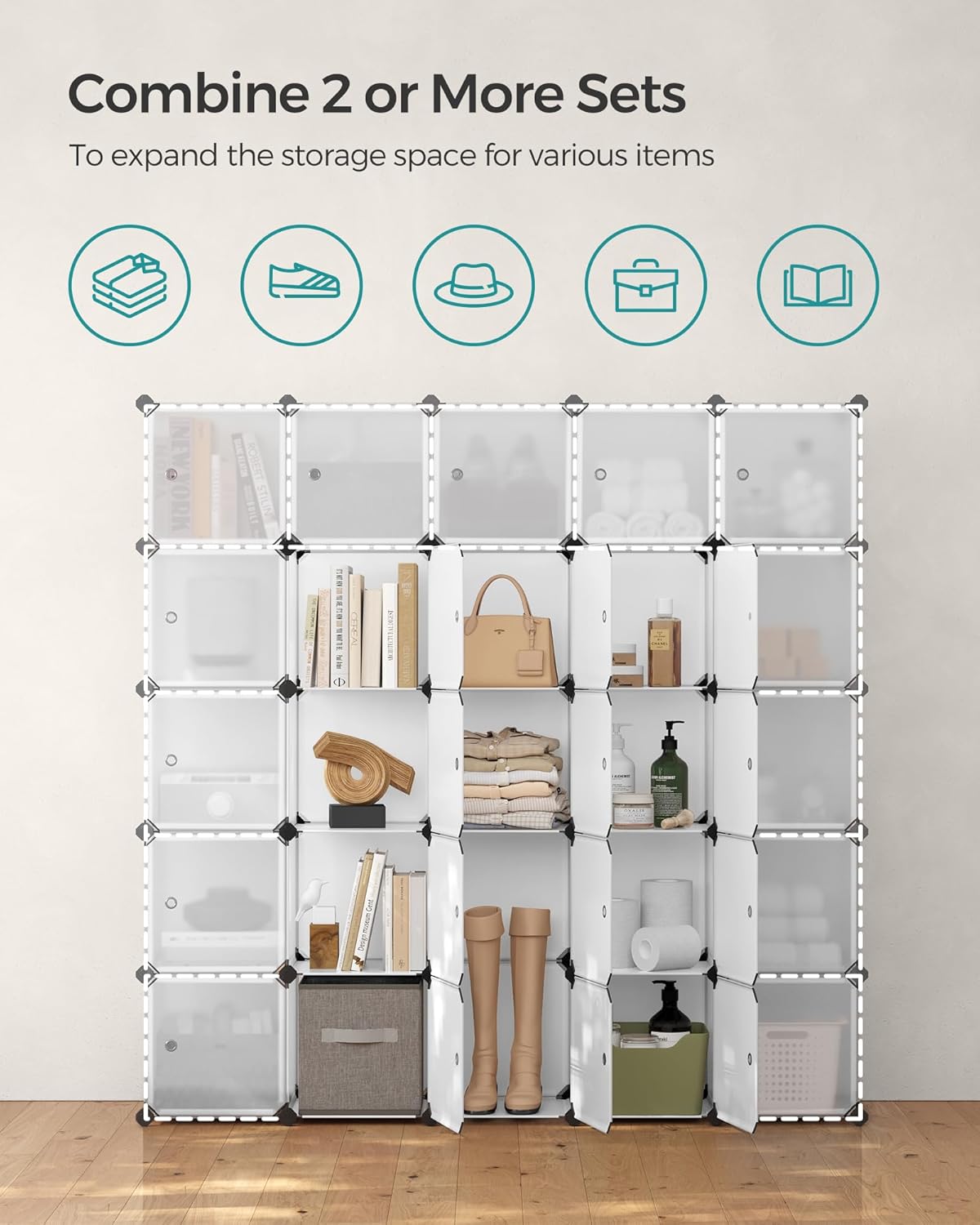 SONGMICS Cube Storage Organizer, Set of 16 Plastic Cubes, Closet Storage Shelves, DIY Plastic Closet Cabinet, Modular Bookcase, Shelving with Doors for Bedroom, Living Room, White ULPC44BSV1