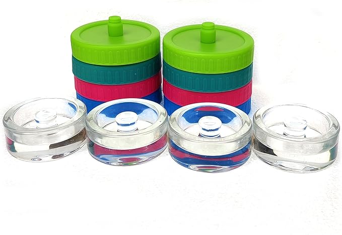 Mason Jar Fermentation Kit, NonSlip Grip Handle Fermentation 4pcs Glass Weights and 8Pcs Waterless Airlock Caps - for Fermenting Sauerkraut, Pickles, Kimchi in Wide Mouth Mason Jars (4)