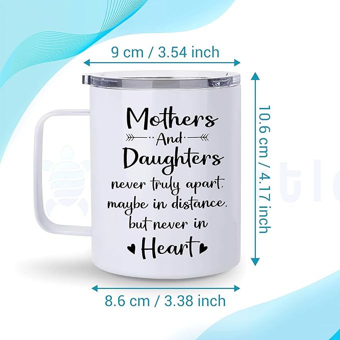 Hyturtle Mother Daughter Mug With Lid & Spoon Gifts on Christmas Birthday, 12oz Insulated Stainless Steel, Daughter Gifts from Mom, Mothers & Daughters, Long Distance Gift Ideas Coffee Tea White Cup