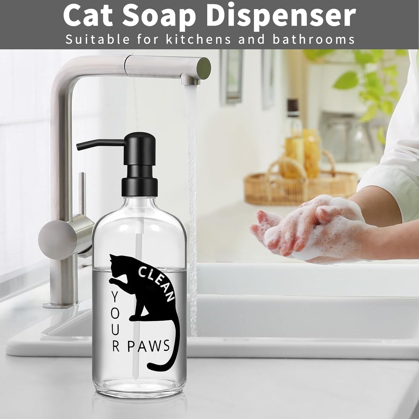 Black Cat Soap Dispenser 17 oz Clear Glass Hand Soap Bottle with 304 Stainless Steel Pump for Bathroom or Kitchen Countertop Cat Lover Gift Idea