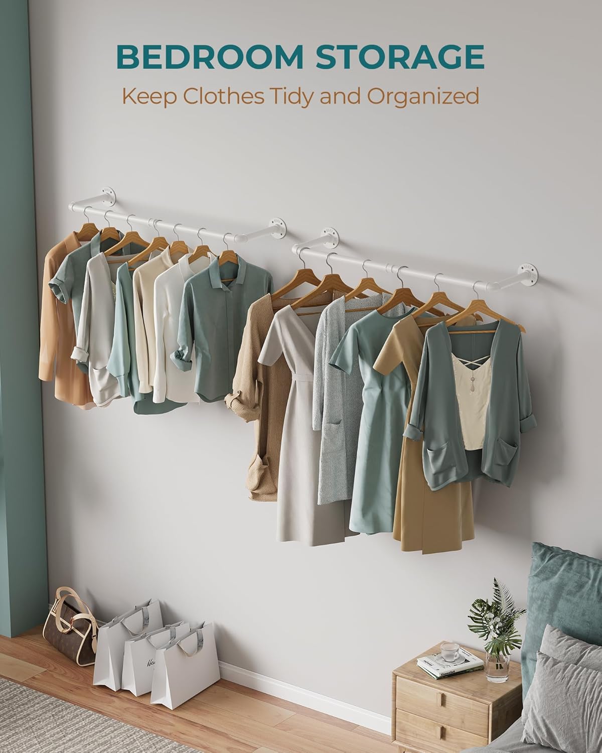 OROPY Industrial Pipe Clothes Rack Wall Mounted Set of 2, 38.4 inches Heavy Duty Iron Pipe Clothing Garment Rail, Multi-Purpose Clothing Hanging Rod for Laundry Room and Closet Storage, White