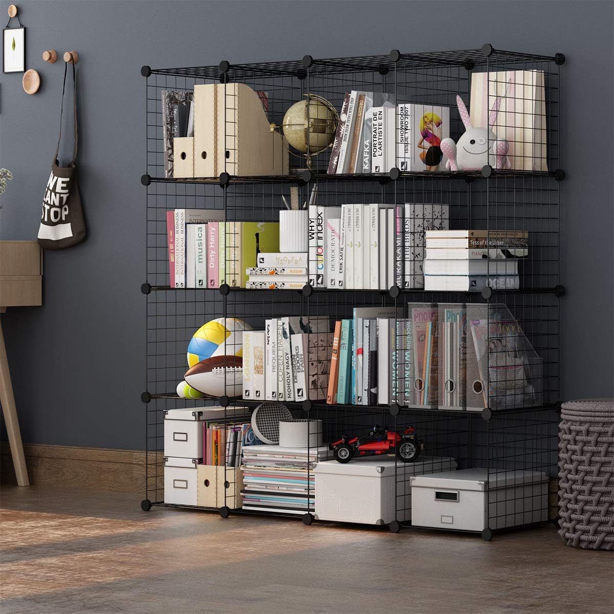 TUMUCUTE Wire Storage Cubes, Metal Storage Shelves Bookshelf, Stackable Modular Closet Organizer for Bedroom Living Room, Office, Black (16 Cubes, Iron)