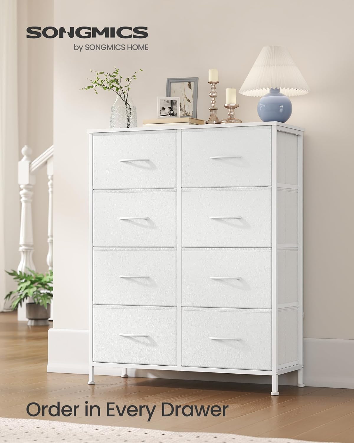 SONGMICS Dresser for Bedroom, Chest of Drawers, Steel, MDF, 8 Non-Woven Fabric Drawers, Storage Organizer Unit, Closet, Entryway, Cloud White and Snow White ULGS124W01S