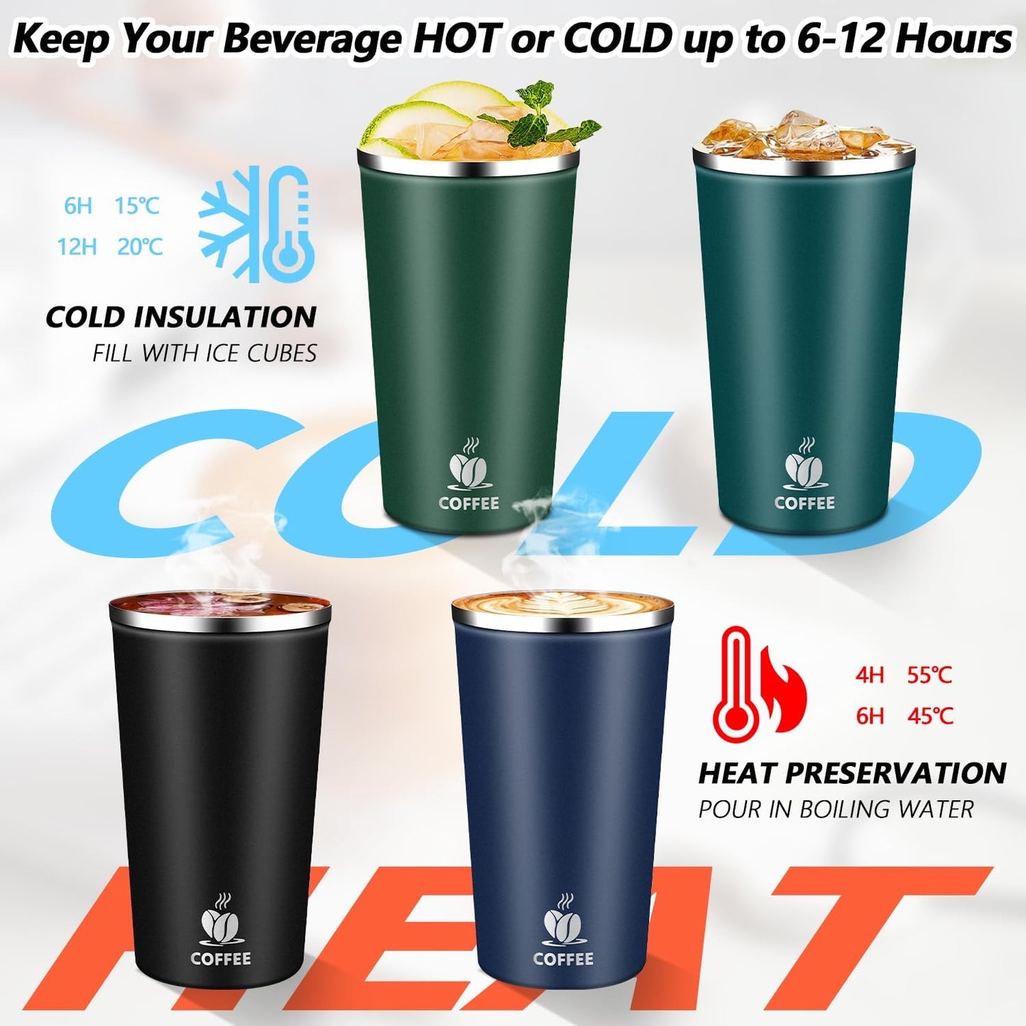 Insulated Travel Coffee Mug Reusable Coffee Tumbler Cup with Flip Lid Leak Proof Spill Proof for Office School Party Camping Hot and Cold Drink,Stainless Steel 17oz (Navy Blue)